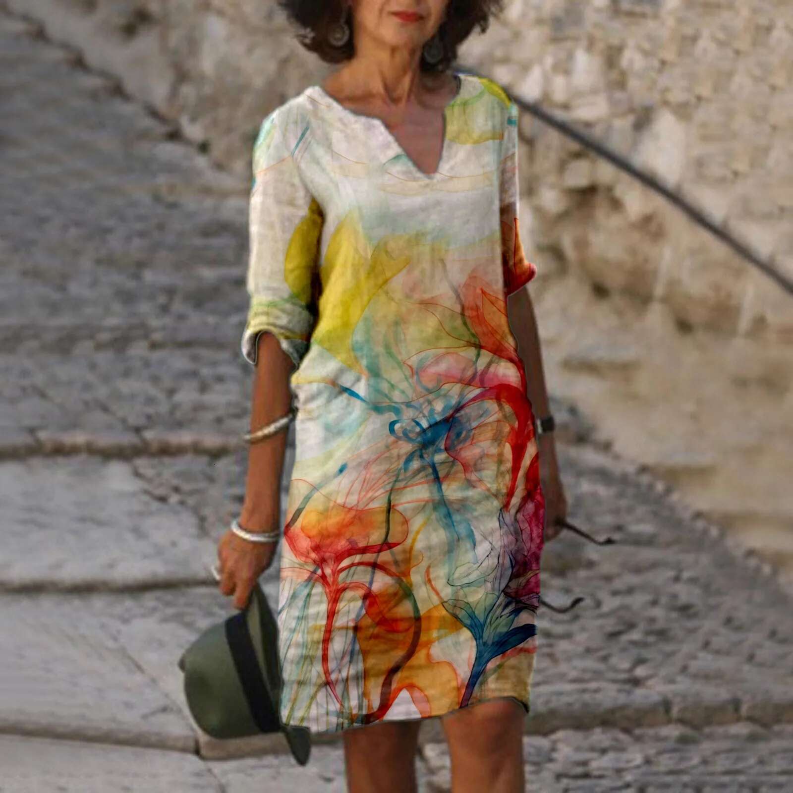 Dongdumaoyi Floral Printed Linen Dress Quarter Vintage Casual V Neck Loose Waist Midi Beach Women Clothing Robe Polyester Vestidos