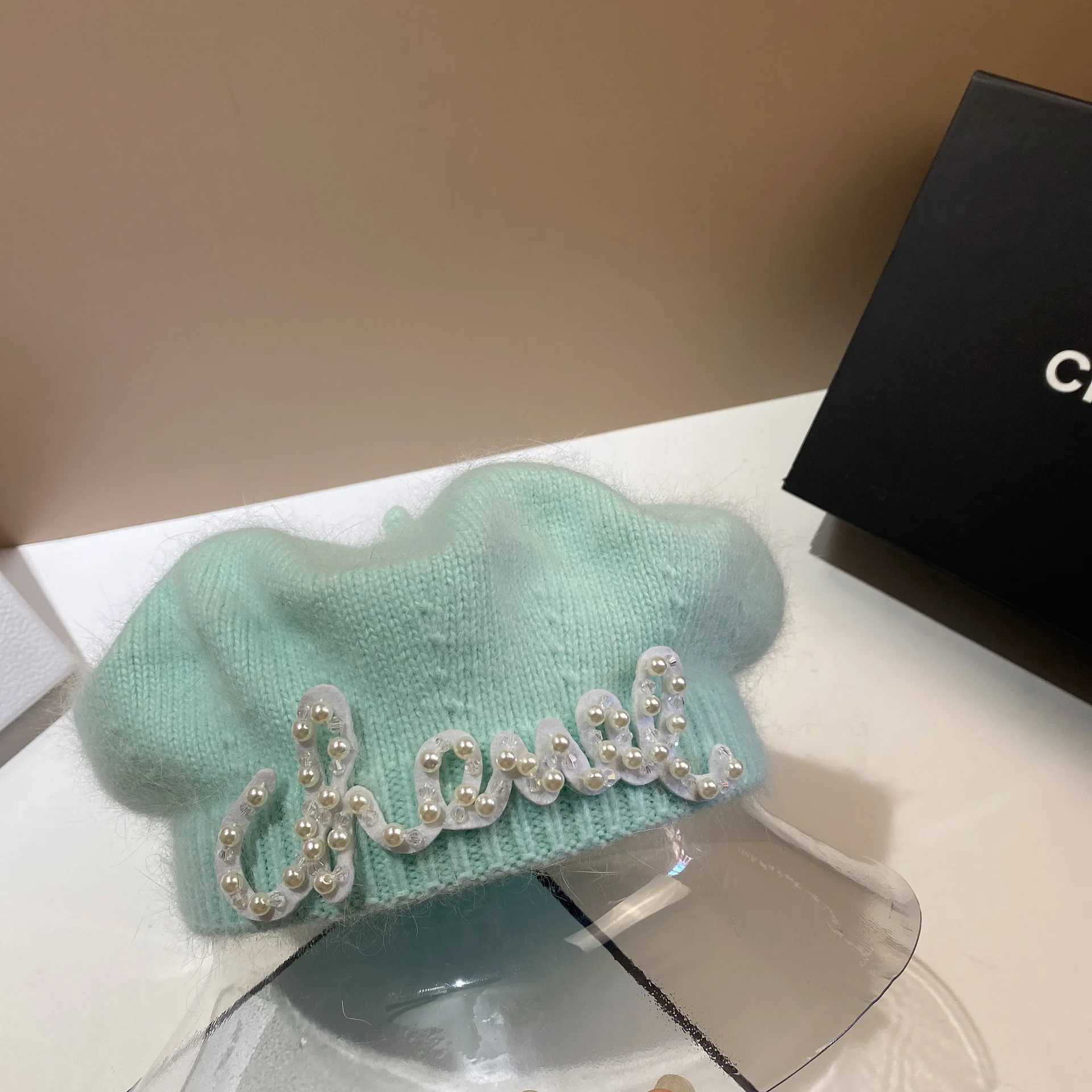 Pearl-Lettered Rabbit Fur Beanie Fall/Winter New Style Warm Fuzzy Knit Painters Beret With Trendy Octagonal Design J251125