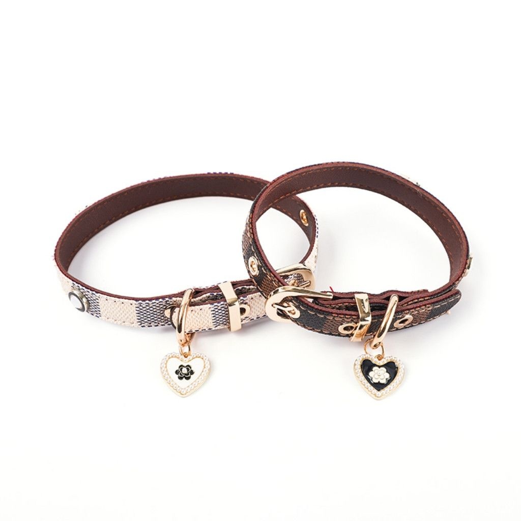 Plaid Pet Collar with Pearl-Flower Heart Tag, Adjustable Dog/Cat Collar, Luxury Gold Hardware & Decorative Accents, 2 Sizes (S/M) for Small-Medium Pet