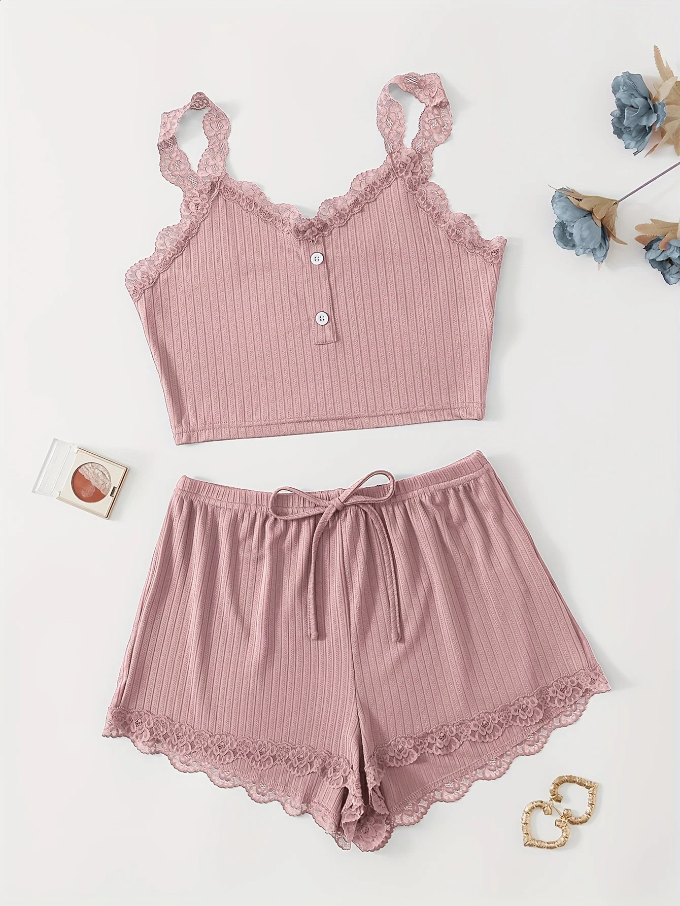 Womens twopiece pajama set with solid color lace border decoration sexy slim fit suspension and shorts 250418