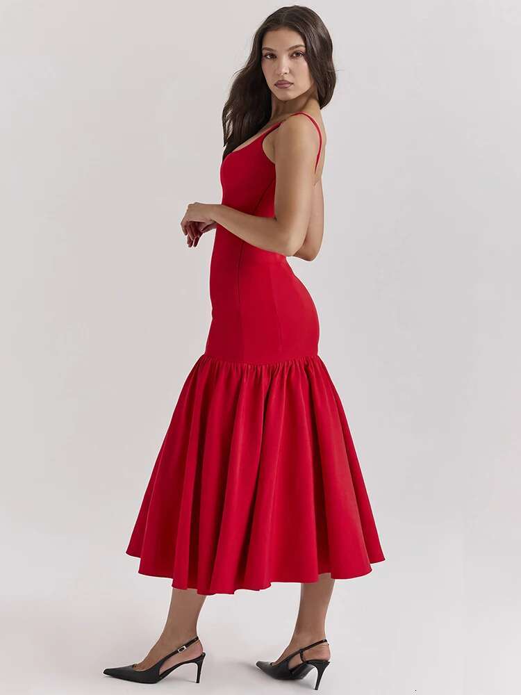 Dongdumaoyi Townlike Pleated A Line Mermaid Dress Women Spaghetti Strap Summer Midi Long Backless Nightclub Sexy Party Dresses