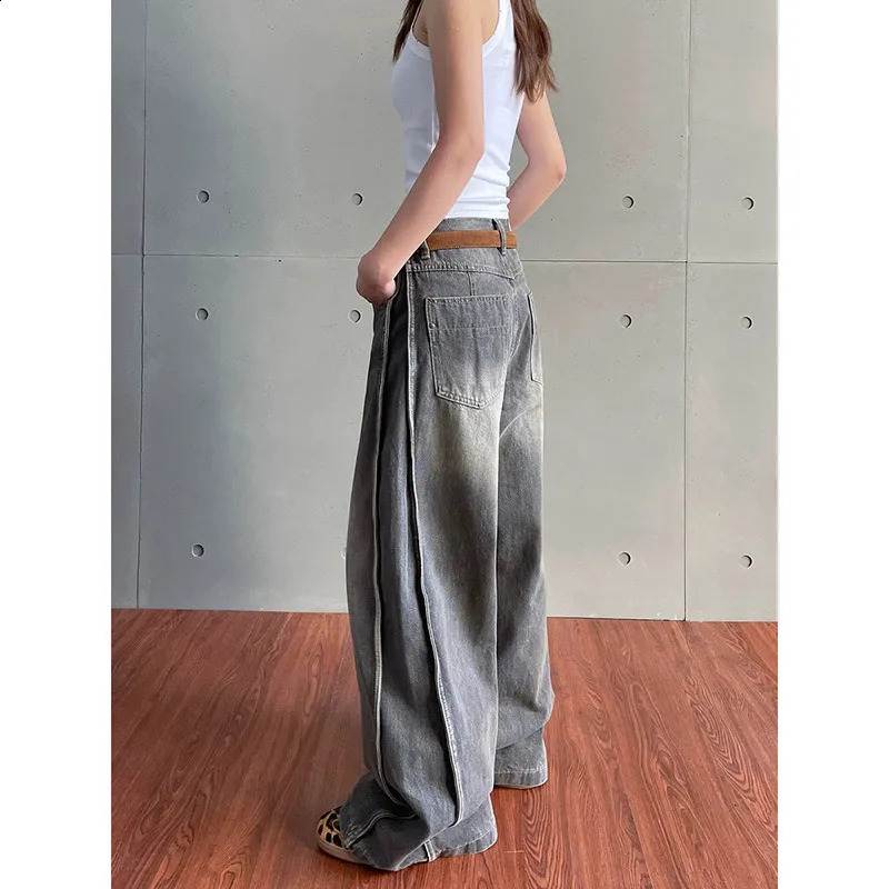 2025 grey womens jeans high waisted retro straight pocket denim pants streetwear Y2K n fashionable wide leg Trouser 250417