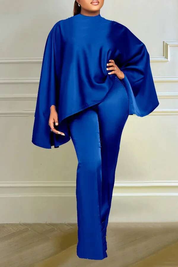 Casual Solid Silk Loose Fit Set Fashion Cloak Tops Wide Leg Pants Suit Women Party Evening Wedding 2 Piece Outfit