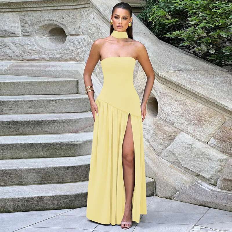 Dongdumaoyi Townlike Maxi Long Dress Pleated A Line Women Spring Summer High Split Backless Nightclub Sexy Party Dresses