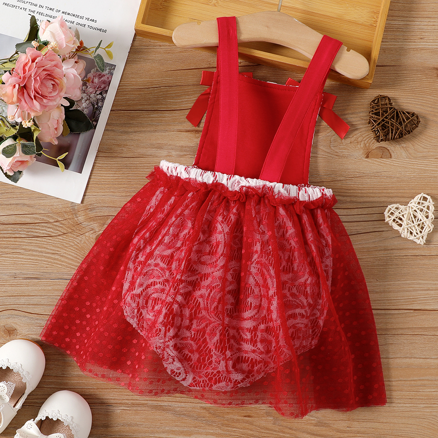 PatPat Baby Girl 95% Cotton Lace Textured Sleeveless Mesh Party Dress Romper