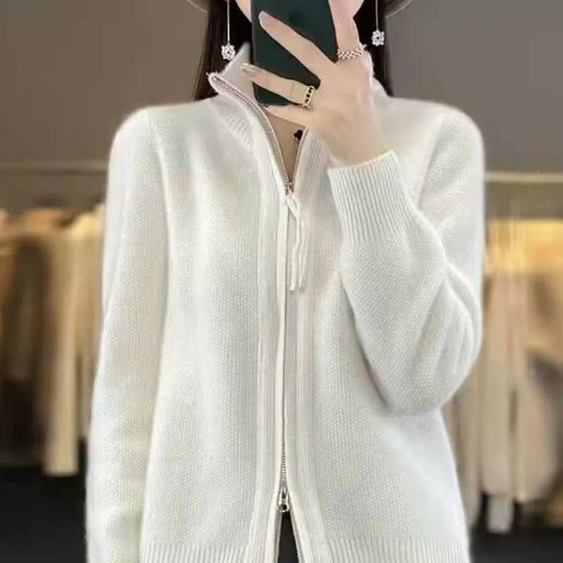 Autumn And Winter New Temperament Double Zipper Wool Knit Cardigan Womens Solid Color Long-Sleeved Sweater Thickened Loose TopT251125