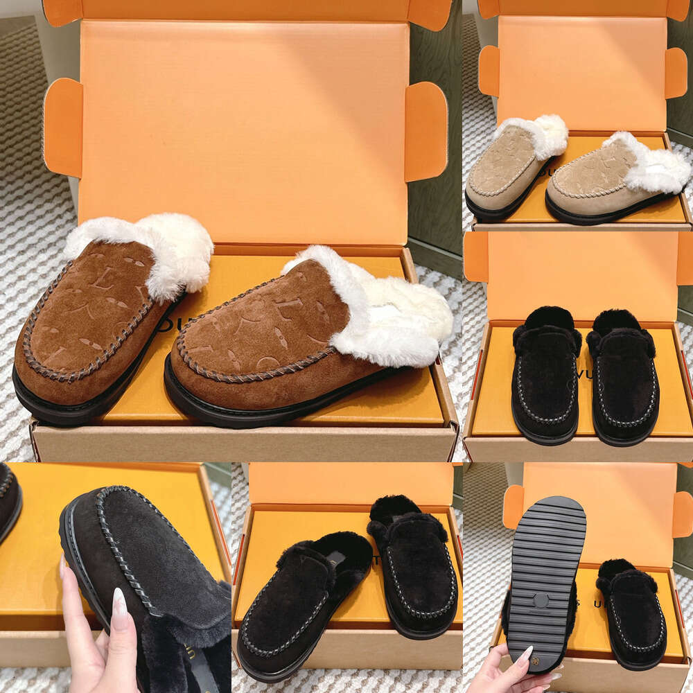 Designer shoe luxury mule fur slide clog sandal Ladies winter flat Velvety Suede calfskin Mules Womens Wool Slippers fluffy Furry Shearling sabot slide fur slipper