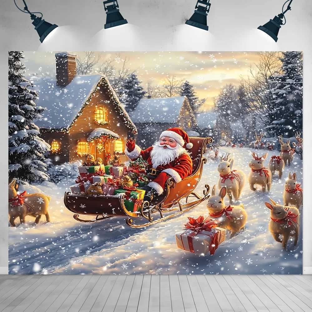 tapestry1pc Merry Christmas Decorative Banner Santa Claus and Reindeer Sleigh Background 100 PolyesterM251125