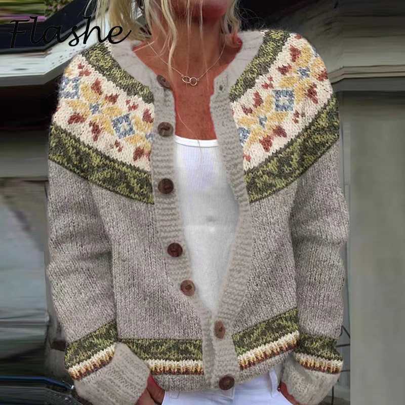 Fashion Pattern Printed Sweater Women Casual Long Sleeve Button Knitted Sweaters For Women Autumn Winter Sweater Cardigan JacketT251125
