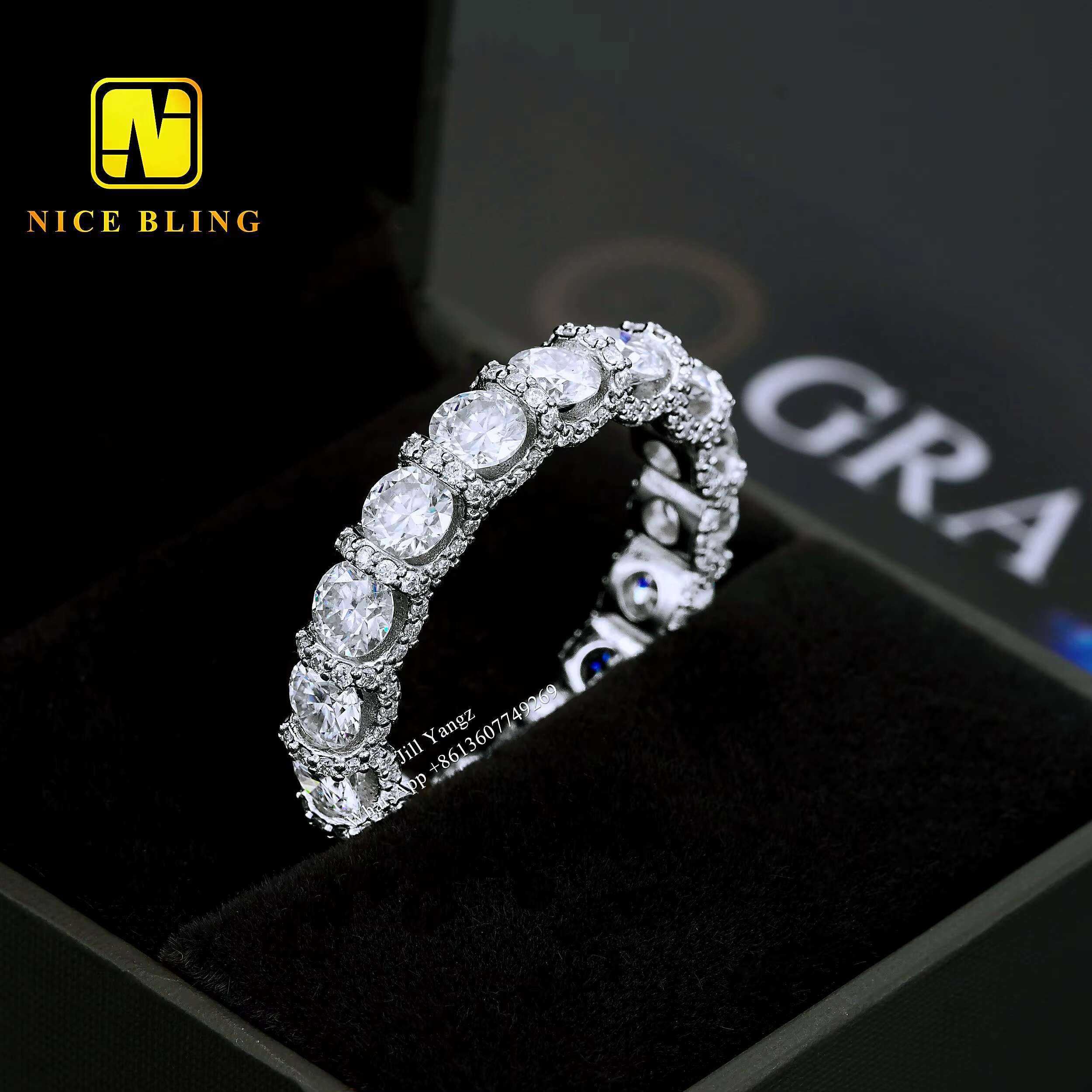 Side Setting Band Ring Vvs Moissanite 925 Sterling Silver Rings for Men Hip Hop Rock Fine Jewelry