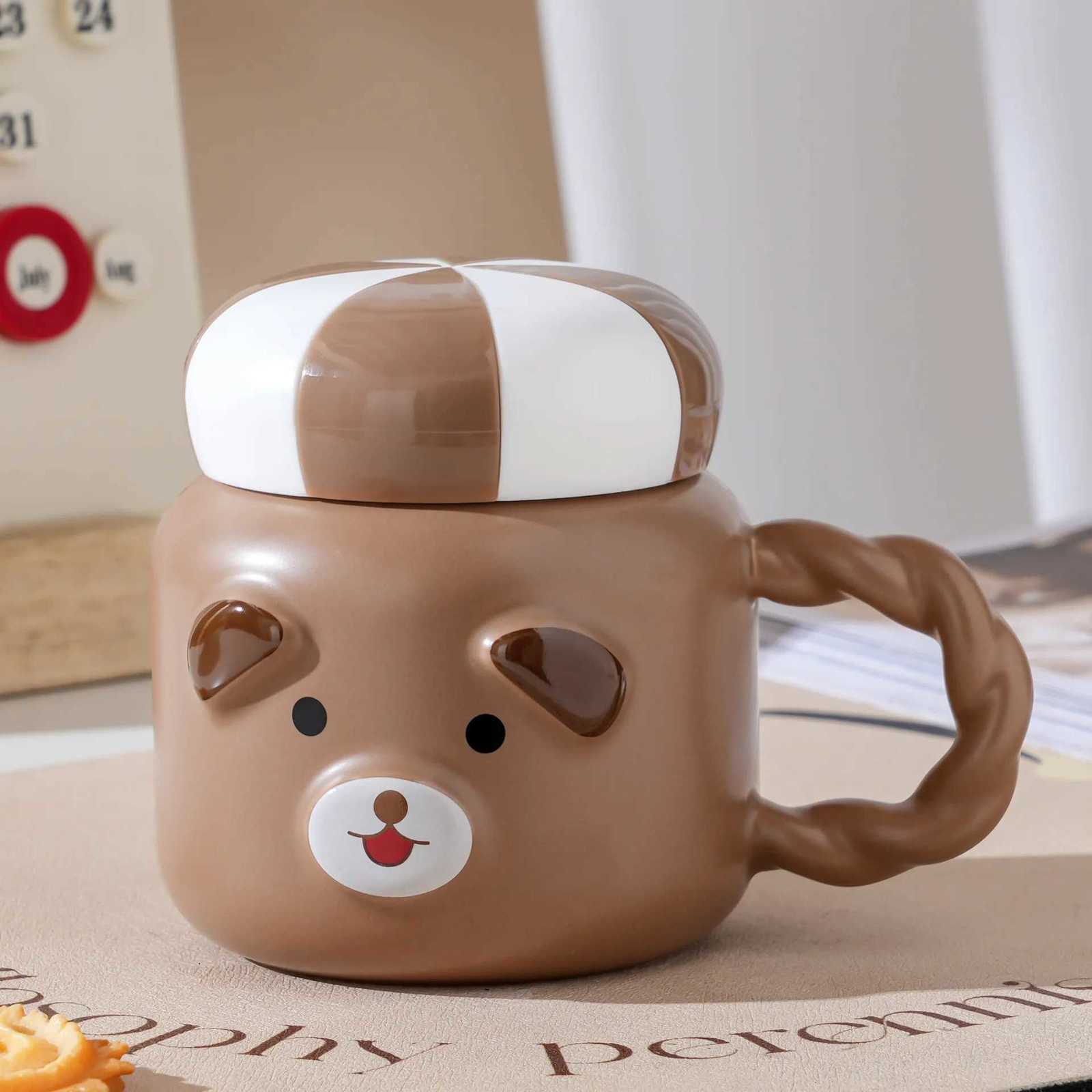 Capped mug Imitation thermos shaped casual cup Little Bear Ceramic Big Belly Cup Company Drinking mug Home breakfast milk cups Y251125