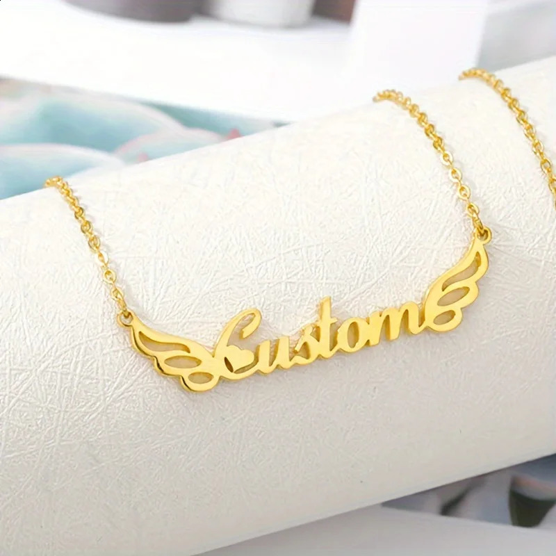 Custom Name Wings Necklaces For Women Gold Color Stainless Steel Personalized Wing Name Pendant Necklace Wedding Jewelry Gift 250425