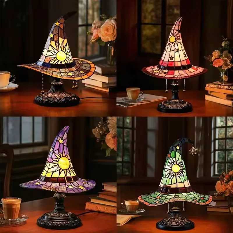 Stained Glass Witch Hat Lamp LED Creative Table Lamp USB Powered Bedside Night Light for Living Room Home Bar Bedroom DecorationM251125