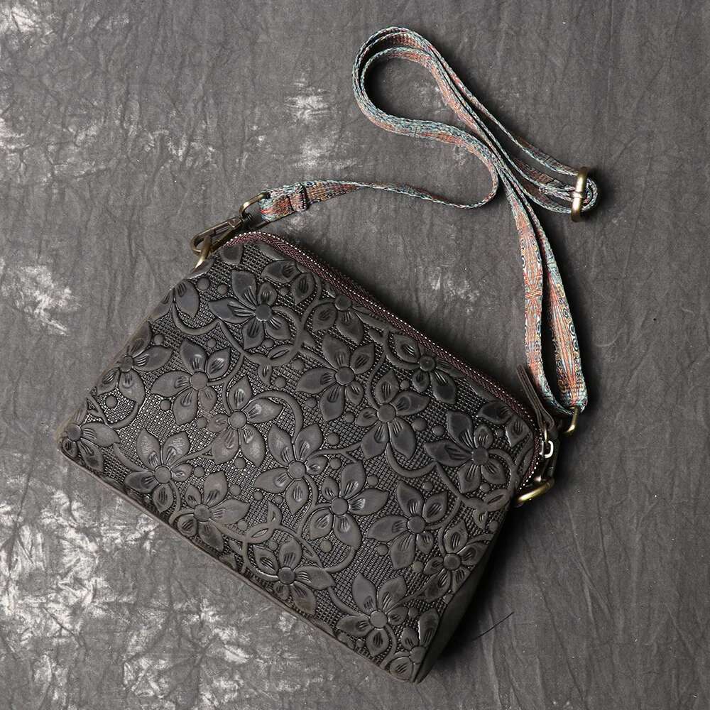 LUOKIR New Women's Genuine Leather Emed Shoulder Wind Horse Cowhide Mobile Phone Bag, Vintage Style Crossbody Bag