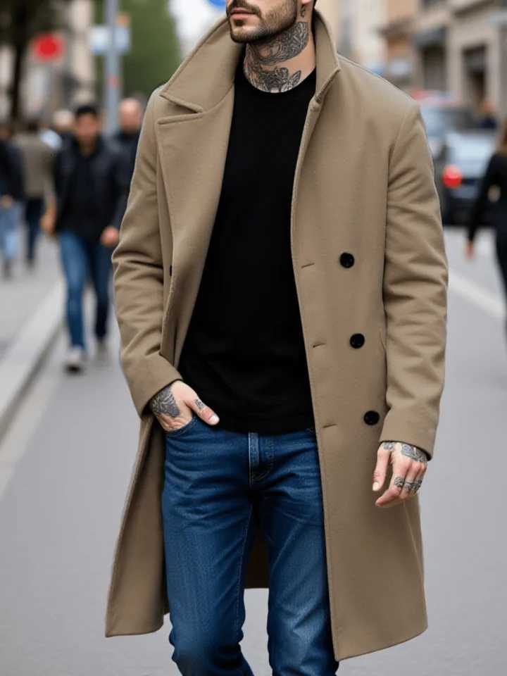 Mens Streetwear Wool Coat Double-Breasted Retro Design Thickened Tweed with Warm Stand Collar ManswearT251125