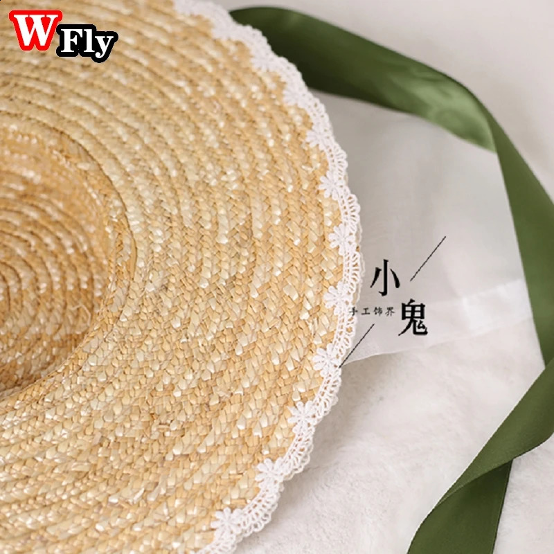 Japanese Women Girls Lolita Sweet Handmade Straw Sun Hat Lace Flower Ribbon Bandage Bowknot Wide Brim Elegant Straw hats 250420