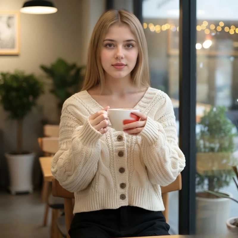 Sweet Korean V-neck Casual Short Solid Color Women Knitted Cardigan Autumn New Fashion Vintage Loose Puff Sleeve Lady Sweate 15T251125