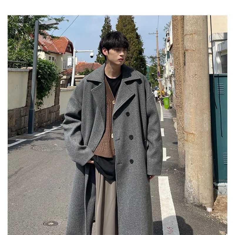 Mid-length Autumn and Winter Woolen Outcoat Men Trendy High-end Feel Woolen Windbreaker Hong Kong-style Loose Large-sized CoatT251125