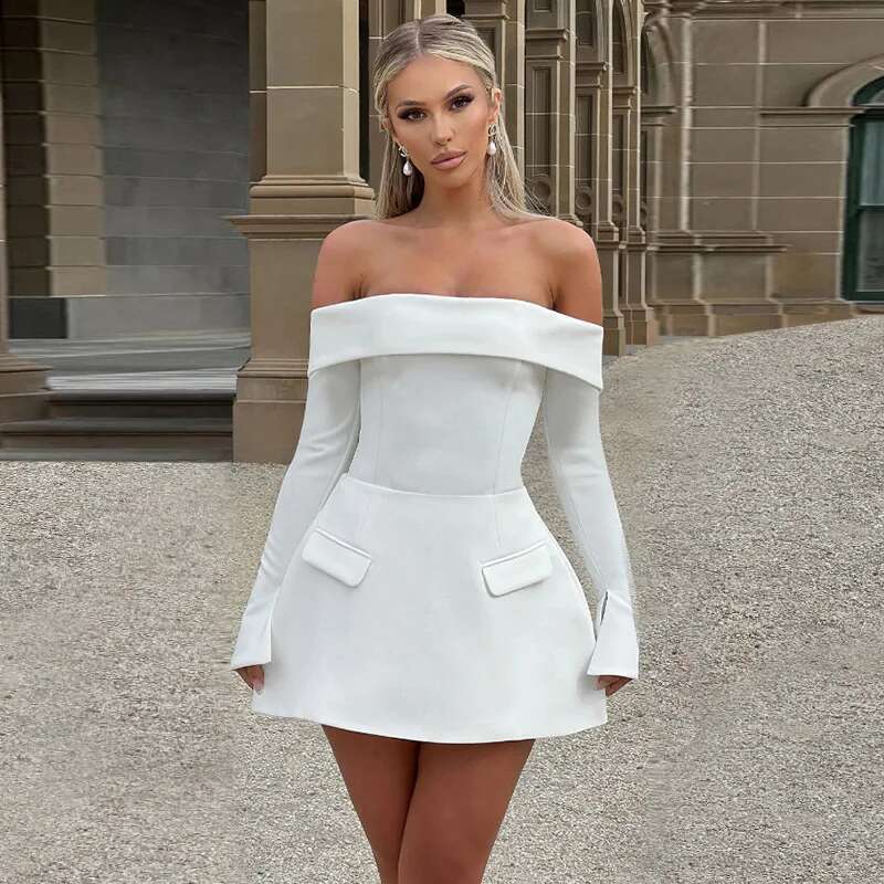 Townlike Poskets Waist Wrap A-line Women Off Shoulder Mini 2024 Autumn Winter Dress Backless Nightclub Sexy Party Dresses
