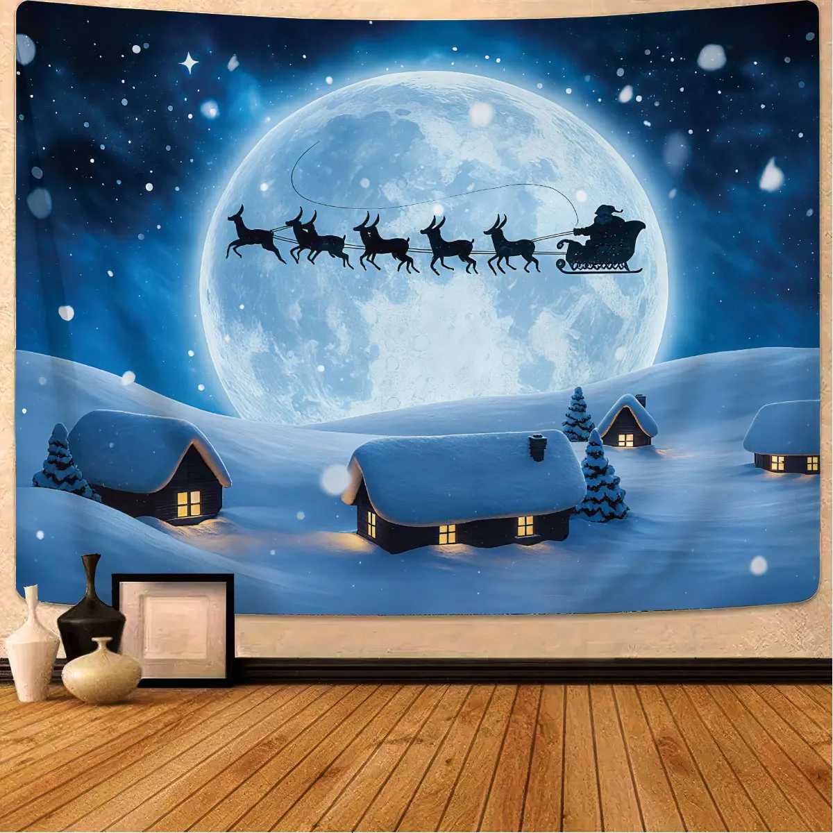 1pc Christmas Eve Santa Claus Sled Print Tapestry Living Room Wall Decoration Multi Size Background Cloth Machine WashableM251125