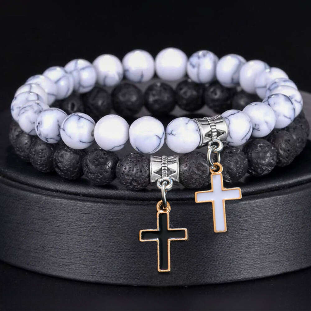 White turquoise volcanic cross pendant trendy men's personality natural stone bracelet versatile