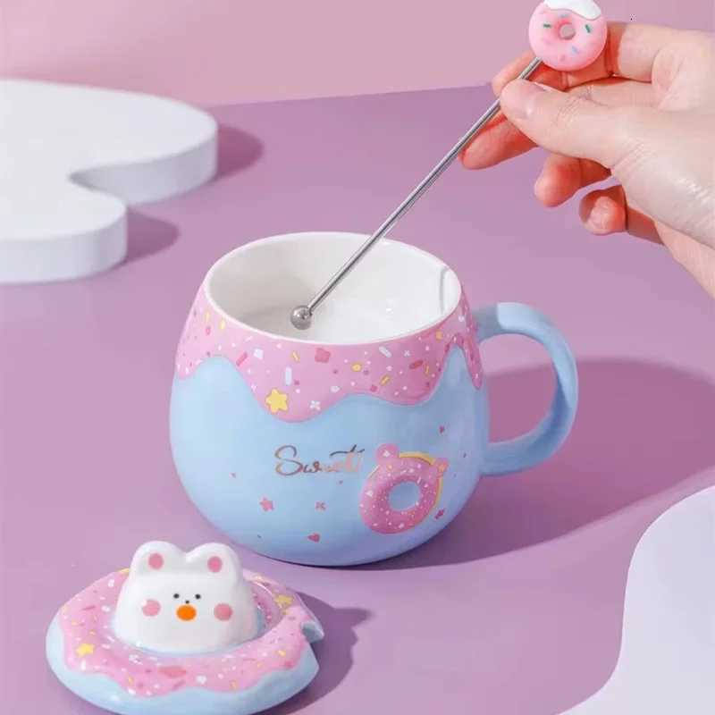 400ml Cute Cat Donut Mug with Lid and Spoon Ceramic Coffee Cup 3 Colors Available Sweet Gift for Girls Friends Birthday Y251125