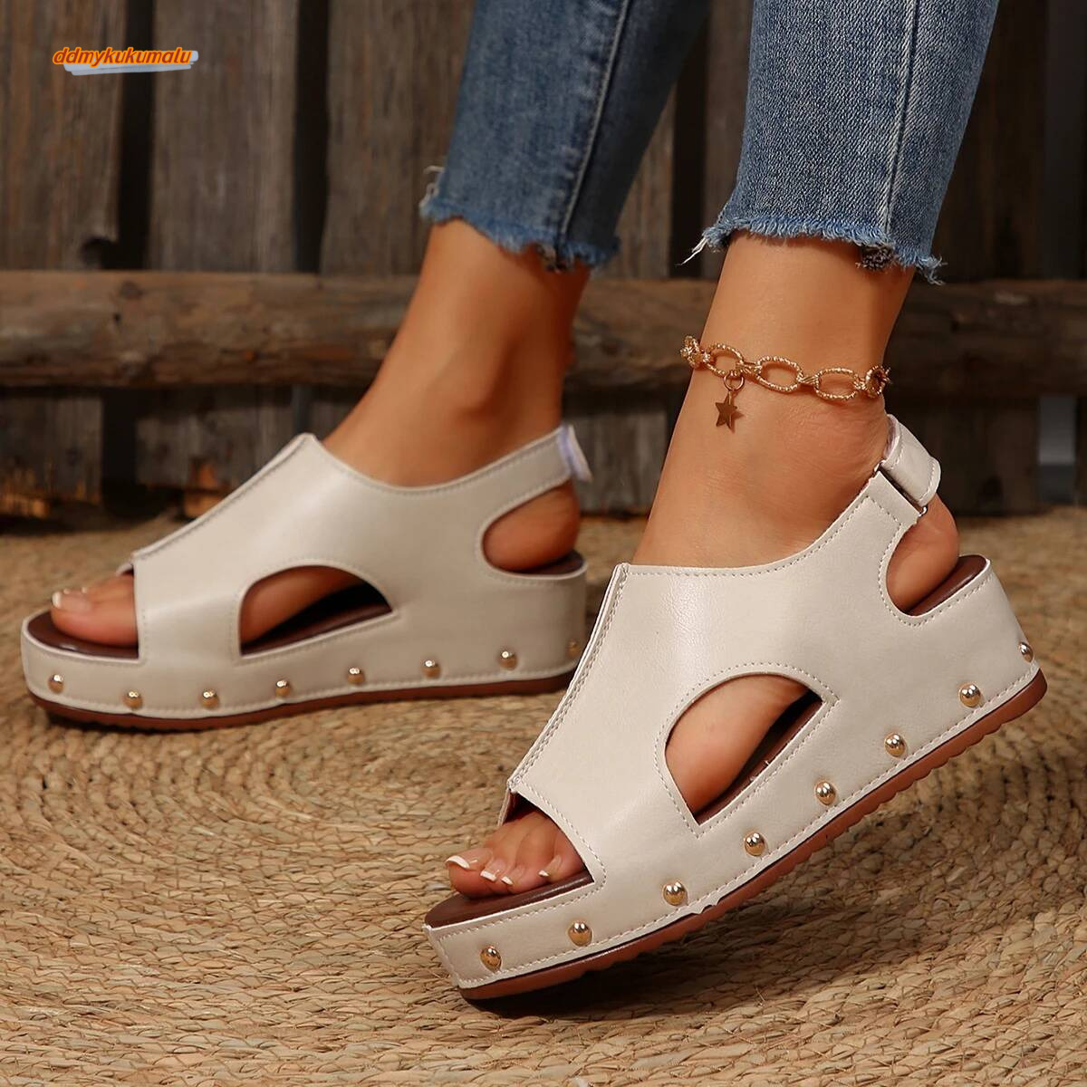 Comfort Wedges Sandals Peep Toe Med Heel Platform Sandalias Mujer 2025 Rivet Thick Sole PU Leather Summer Shoes for Women ddmykukumalu