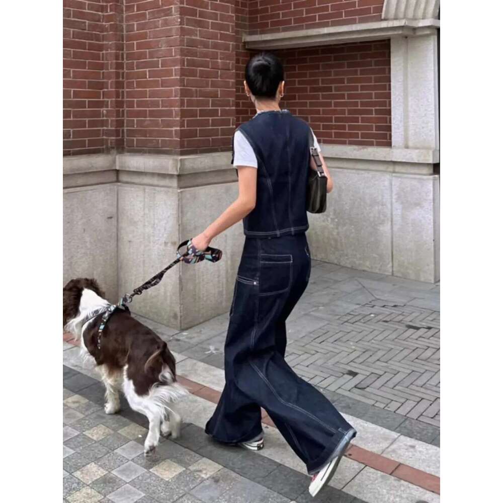 Hong Kong Style Denim Vest Spring New Item Retro Simple Loose Straight Wide Leg Pants Two-Piece Set Trendy