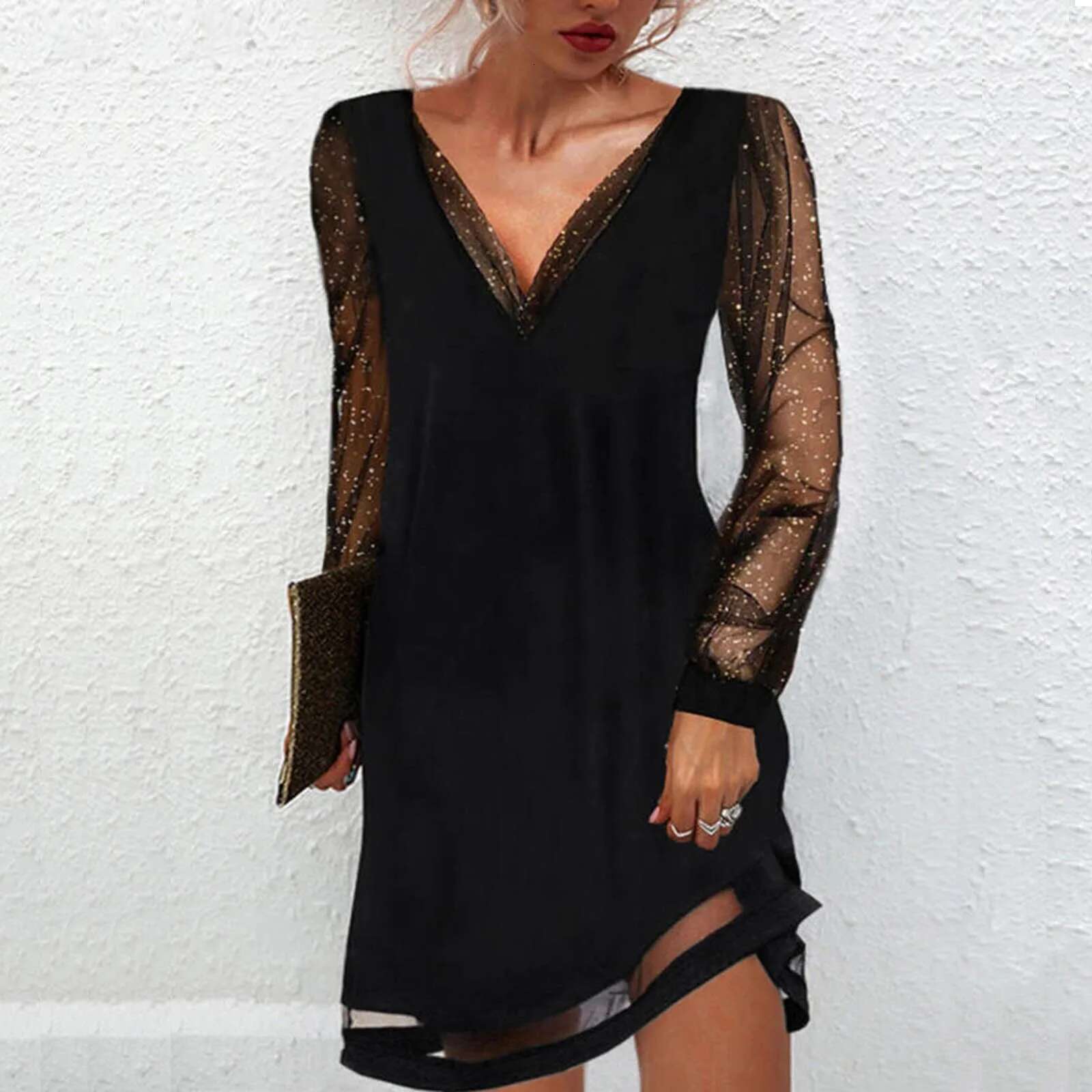 Dongdumaoyi Black Sequins Dress Fashion Women V Neck Gazue Long Sleeved Female Dresses Party Club Casual Short