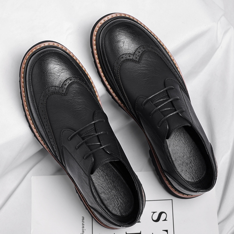 Free shipping men's brown leather brogue shoes thick soled comfortable breathable anti slip lightweight durable versatile daily wear retro dress 