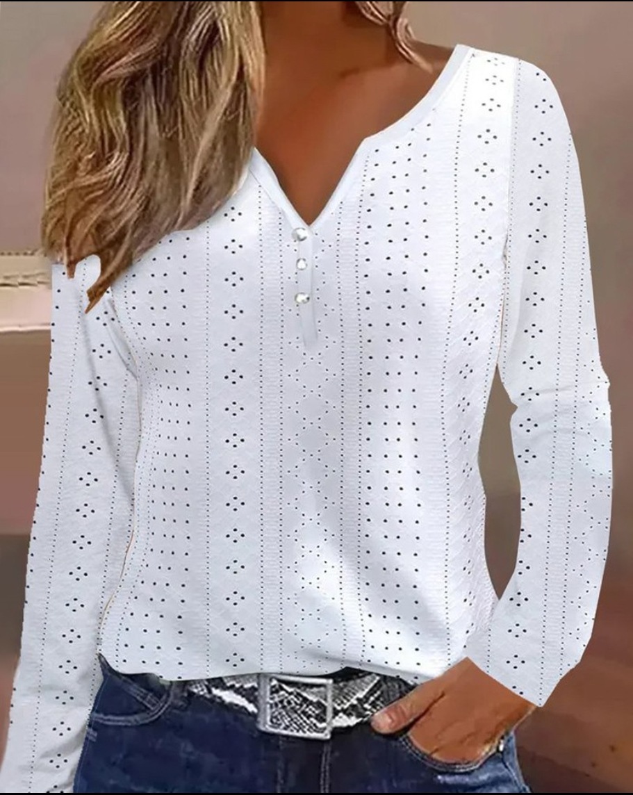 2023 Autumn New Product Long Sleeve V-neck Hollow Solid Color Splicing Shirt for Women