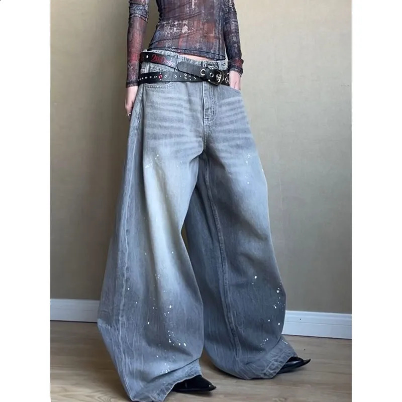 Grey womens jeans high waisted retro straight pocket streetwear American fashion casual wide leg 250417
