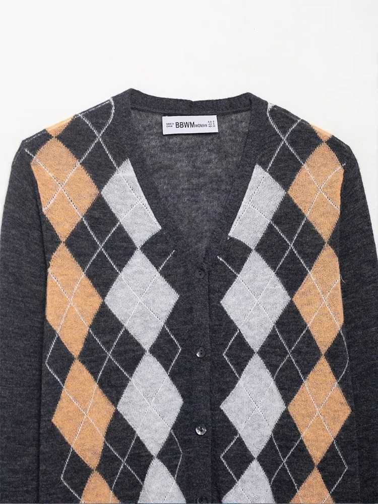 European style new womens fashion all-match temperament V-neck diamond pattern knitted cardigan sweater jacketT251125