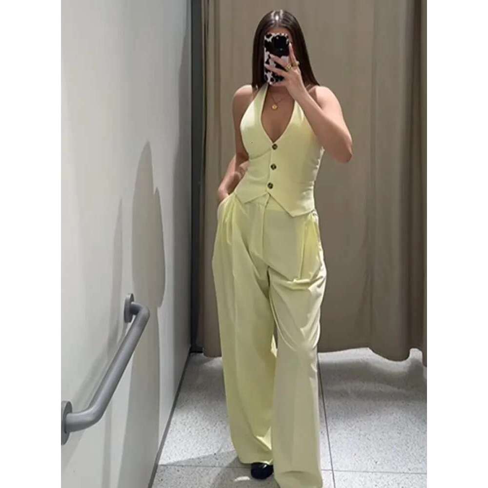 Women Chic Butter Yellow Straight Pants Suit Sexy Off Shoulder Backless Halter Top 2025 New Summer Lady 2 Pieces Set Outfits