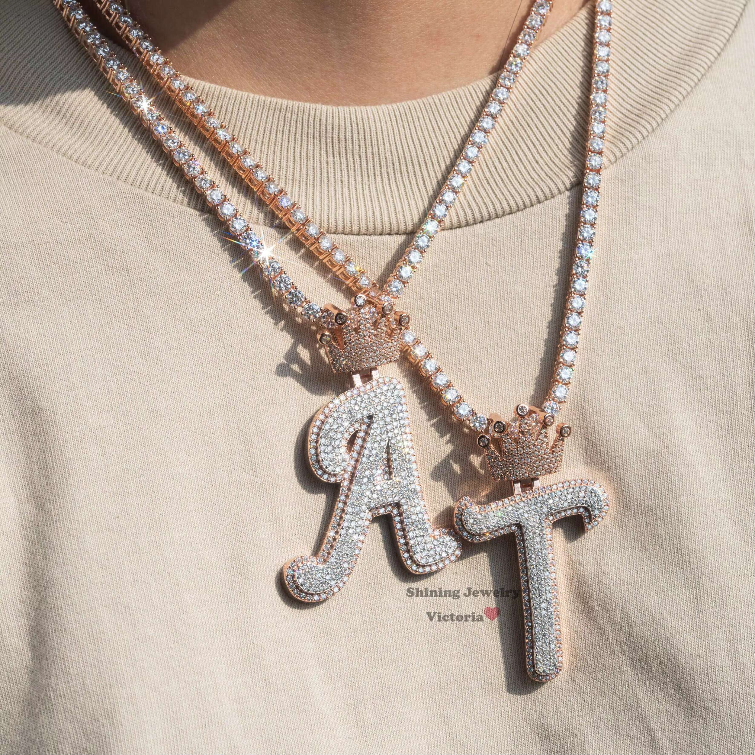 GRA Certificated Pass Diamond Tester 2.5 Tall Crown Bail Custom Letter Initial Name Pendant Fit for 4mm Tennis Chain