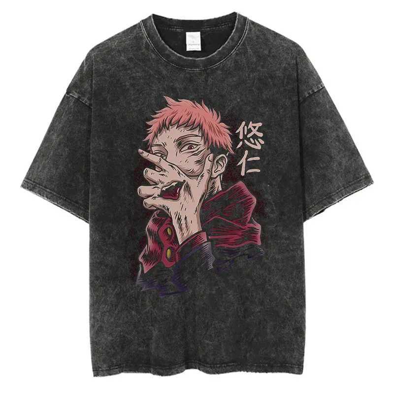 Anime washing T-shirt Harajuku summer 100% pure cotton short sleeved oversized T-shirt retro streetwear T-shirt W250425