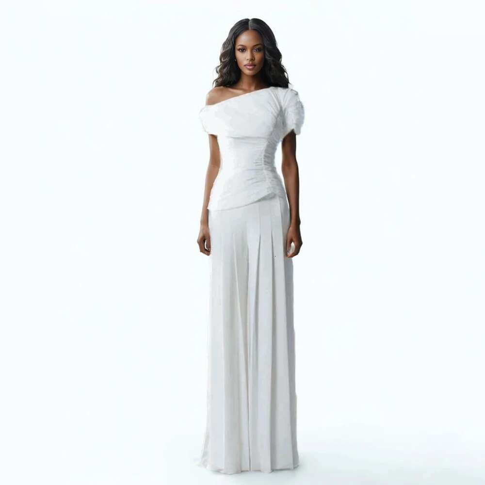 Chic Two Piece Sets For Women Diagonal Collar Short Sleeve Top High Waist Loose Pleated Wide Leg Pant Solid Set Female