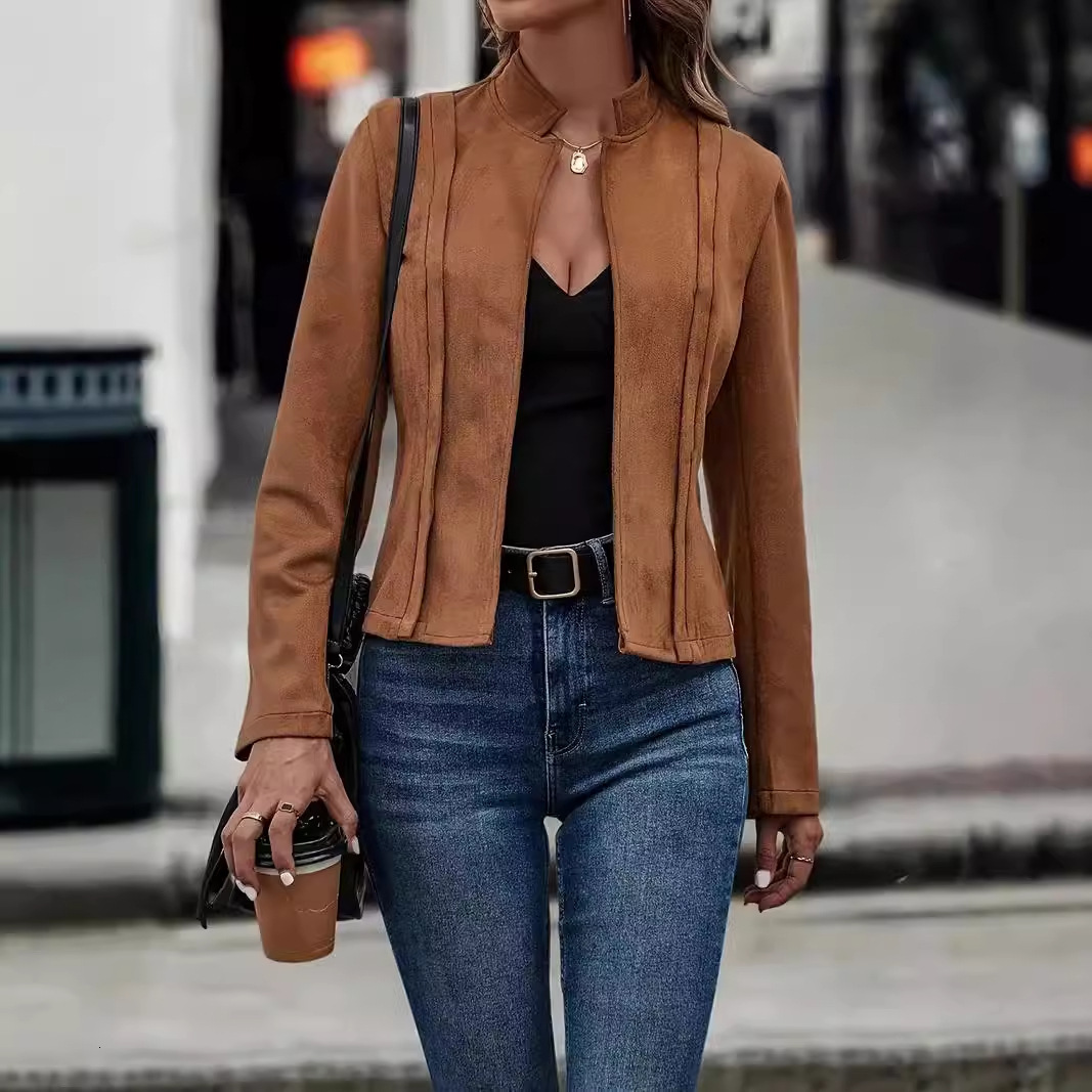 2024 winter solid color long sleeved slimming versatile cardigan short jacket womens clothing