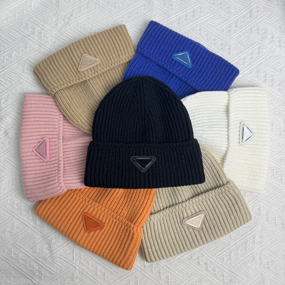 Designer Cashmere Knit Beanie with Metal Triangle Accent - Ultra-Soft Ribbed Winter Hat for Men and Women, Multi-Color Options for Fashion and Warmth