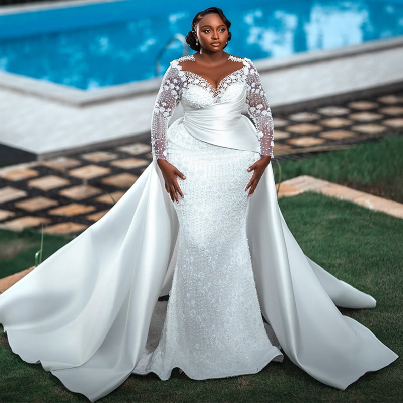 2024 Plus Size African Mermaid Wedding Dress Bridal Gowns For Bride Illusion Detachable Train Sheer Neck Beaded Lace Rhinestones Wedding Gowns For Bla