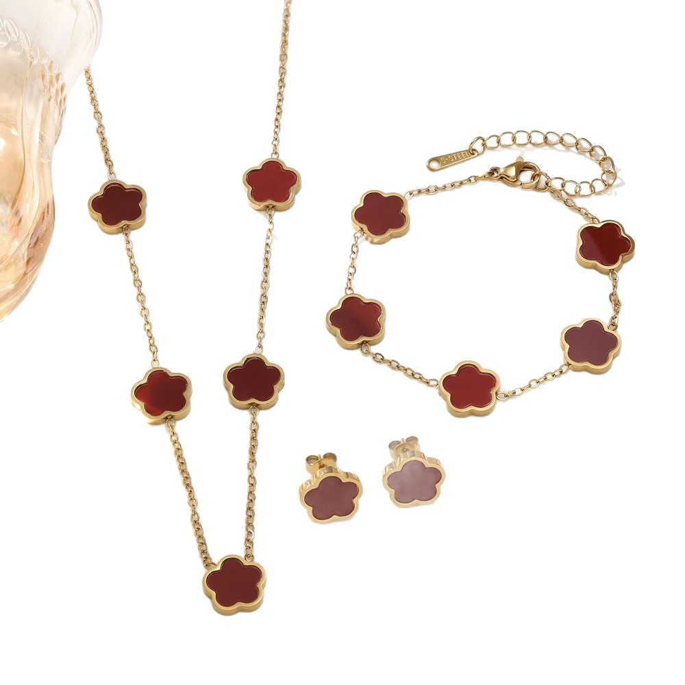 Trendy Five-petal Flower Five-leaf Clover Shell Bracelet Earrings Necklace Stainless Steel 3pcs set for woman Stylish Accessories Party Designer Jewel
