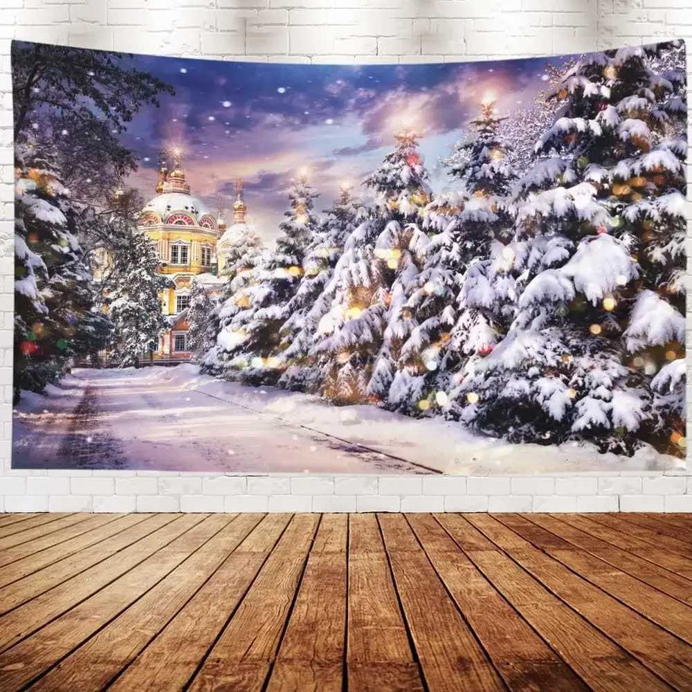 HD-Cozy Winter Wonderland Christmas Tapestry Church Snow-Covered Pine Trees Scene Large Wall Art for Bedroom Living RoomM251125