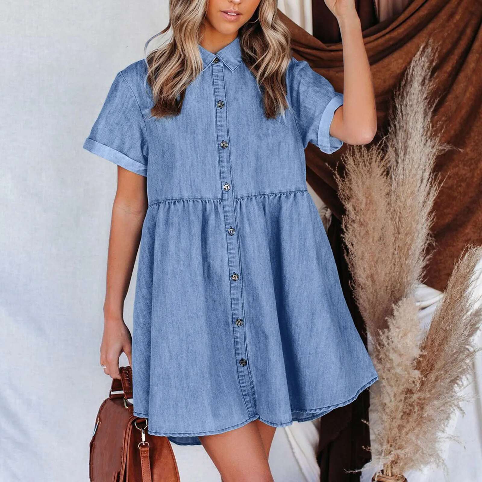 Dongdumaoyi Women Shirt Jean Dresses Short Sleeve Single Breasted Splicing Big Swing Denim A Line Dress Summer Vestidos Robe