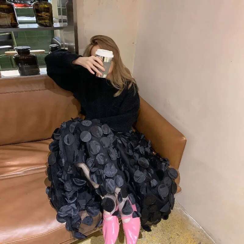 Women Polka Dot 3D Design Tulle Mesh Vintage Elastic Waist Long A-Line Tutu Skirt