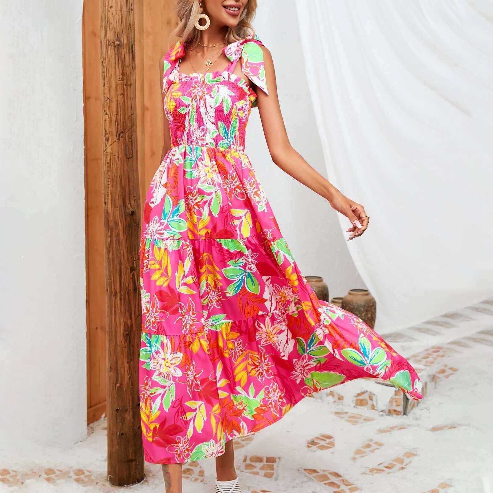Dongdumaoyi Summer Vacation Spaghetti Strap Long Dress Women Sleeveless Ruched Elastic Backless Floral Print Beach Sundress Vestidos