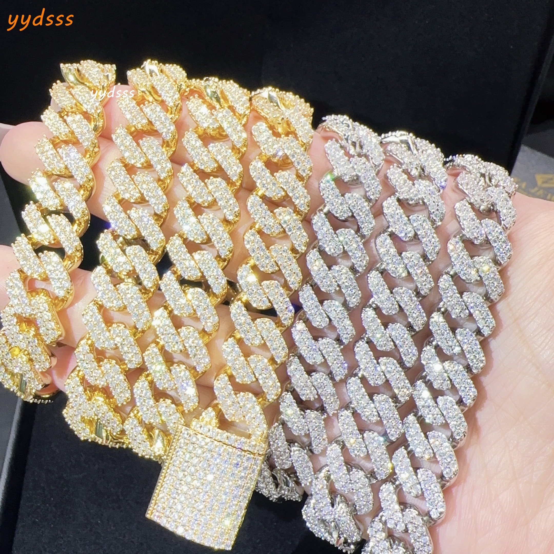 Fine Jewelry Hiphop 13mm Gold Plated Iced Out Brass 2 Rows 5a+ Moissanite Diamond Cuban Link Chain Moissanite Miami Necklace