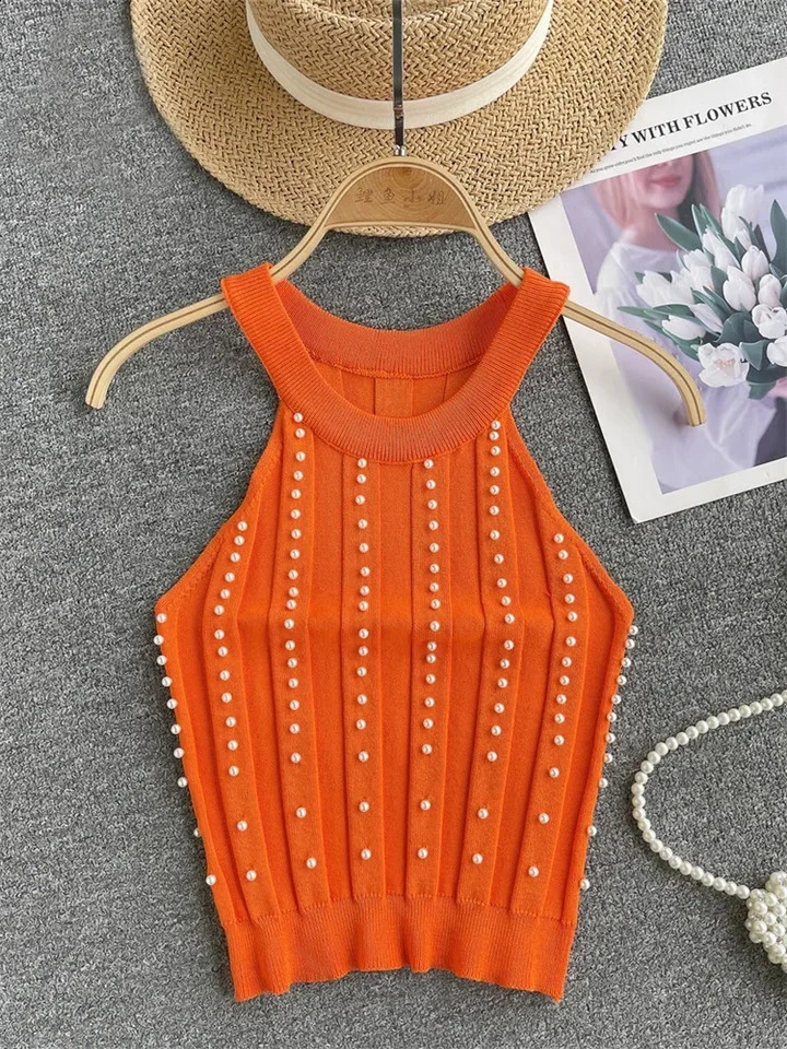 Zik Hekiy Pearls womens top strapless backless slim fit premium Korean fashion streetwear mini knit vest 250422
