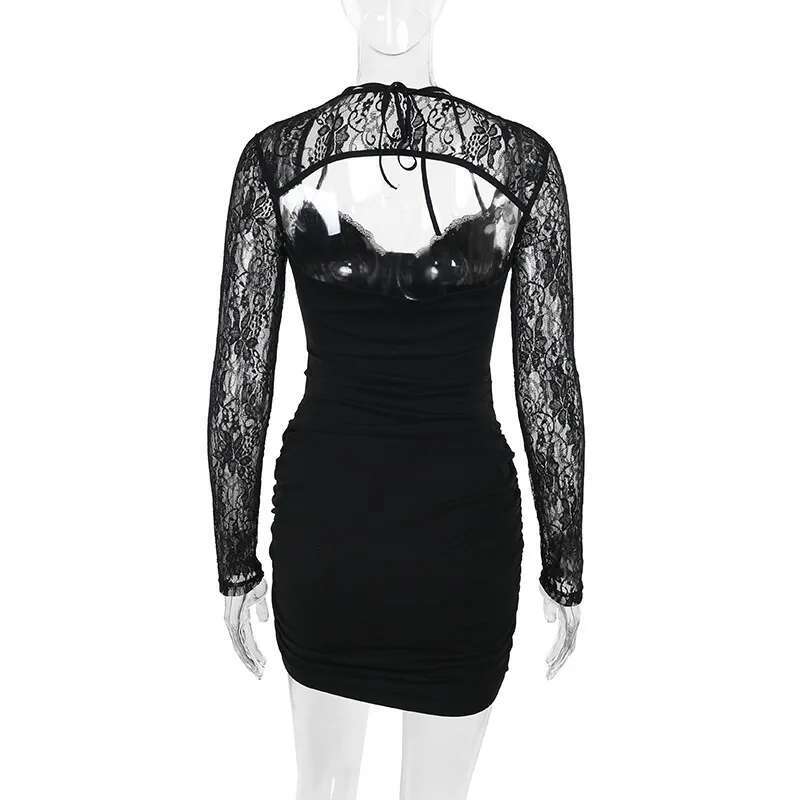 Dongdumaoyi Townlike Lace Patchwork Slim Bodycon Pleated Dress Women Mini Autumn Winter Hollow Out Backless Sexy Party Dresses