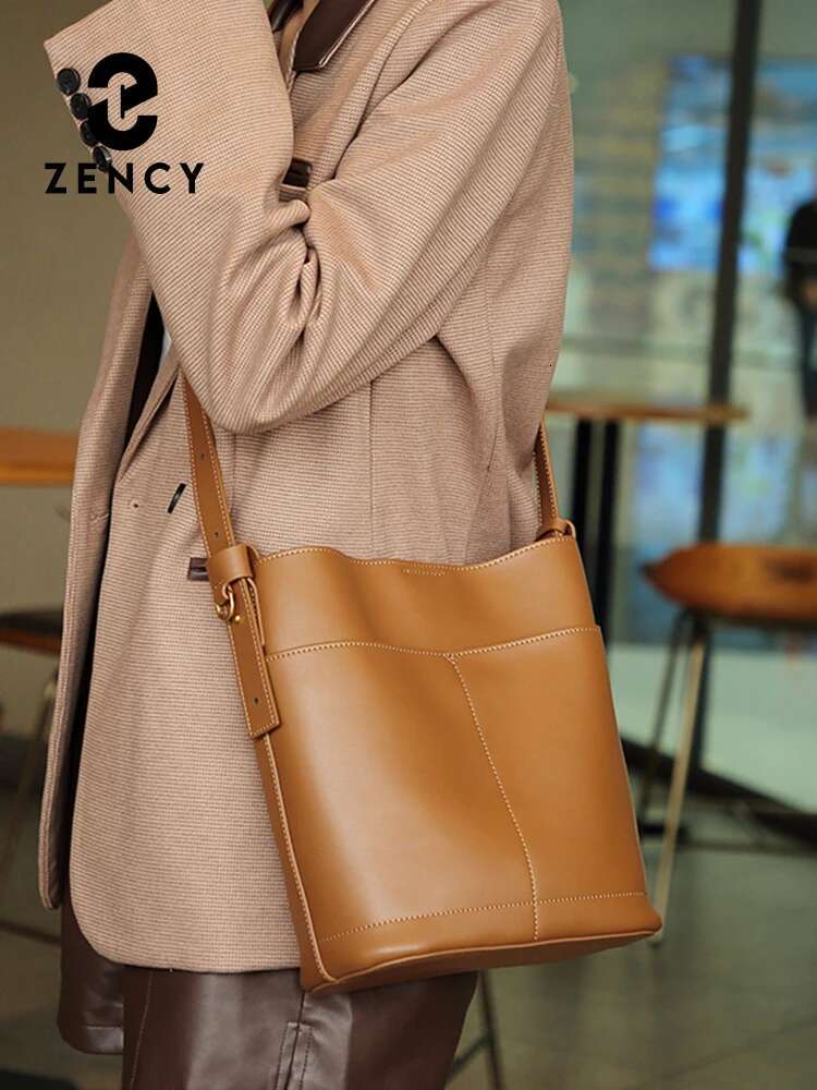 Zency 2024 Trendy Solid Color Medium Tote Women Split Leather Shoulder Handbag Shopping Bag For Commuters