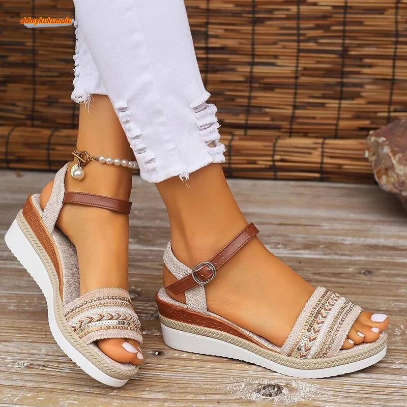 Women's Braided Casual Sandals Buckle Strap Platform Wedge Sandles for Women 2024 Summer Light Non Slip Walking Sandalias Mujer ddmykukumalu
